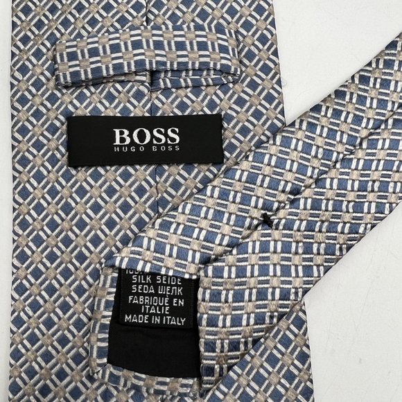 Boss Hugo Boss Neck Tie Mens Standard Size Blue Silk Square Patterned Italy - Picture 4 of 7
